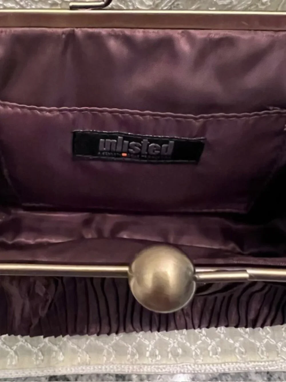 UNLISTED Kenneth‎ Cole vintage-style satin brown clutch metal frame ball clasp